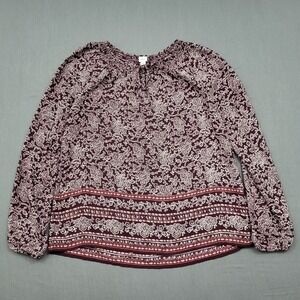Gap Womens Small Burgundy Floral Paisley Peasant Blouse Long Sleeve Gathered Tie